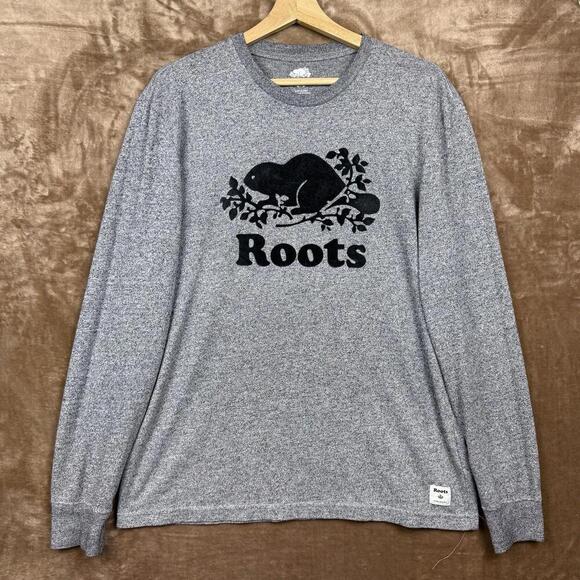 Roots Canada Men’s Organic Cooper Beaver Long Sleeve T-shirt Heather Gray Sz M - Picture 1 of 7